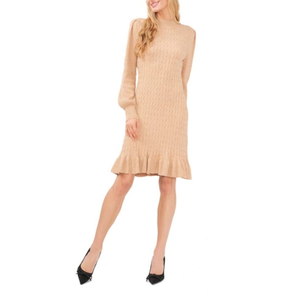 CECE Womens Sweater Dress XS Beige Latte Heather Mock Neck Cable Stitch NWT